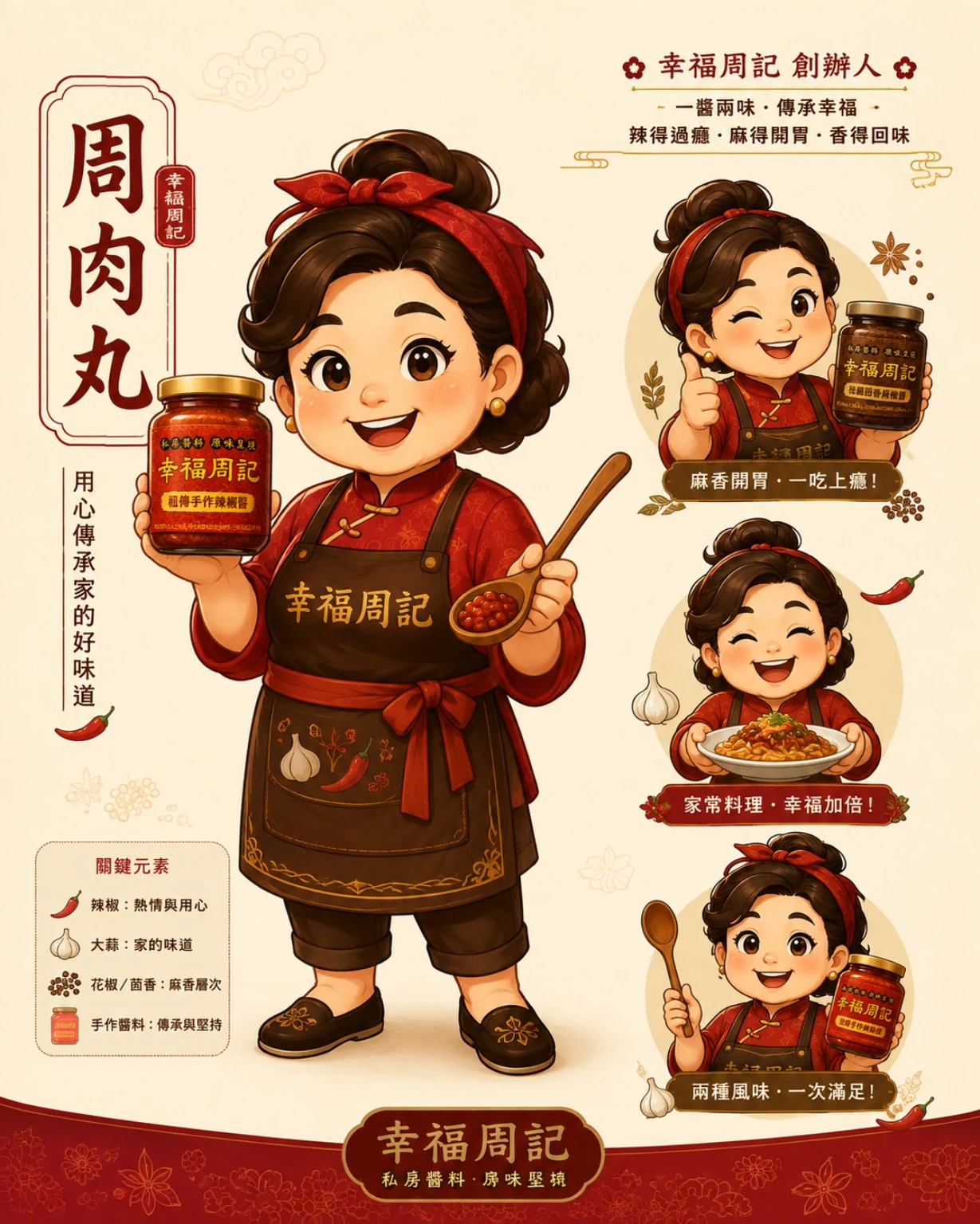 幸福周記創辦人品牌角色周肉丸,手持幸福周記辣椒醬